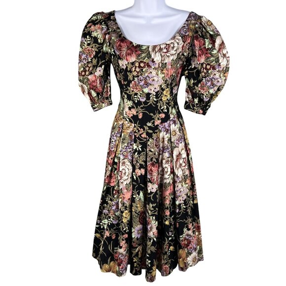 Vintage 80s Handmade Jacquard Floral Puff Sleeve S Dress Ruffle Cottagecore - Picture 1 of 16